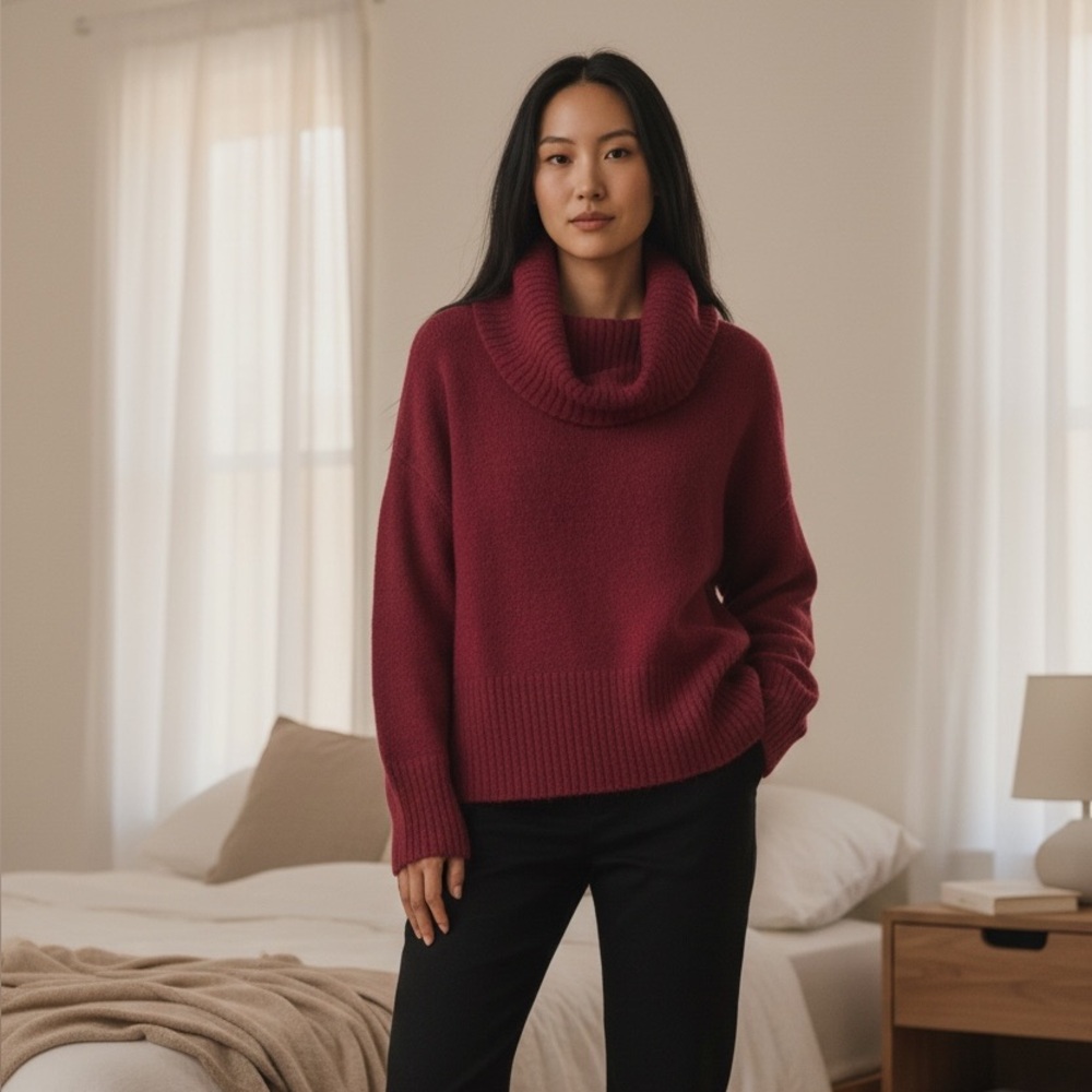 Rachel Zoe Brick Oversized Sweater L Cowl Open Turtleneck Ribbed Acrylic Wool Bl